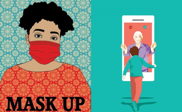 Right: "Mask Up," a submission to Amplifier, an arts group. Left: "Grandmother's Affection — For Global Health," a submission to the United Nations. Right: "Mask Up," a submission to Amplifier, an arts group. Left: "Grandmother's Affection — For Global Health," a submission to the United Nations.