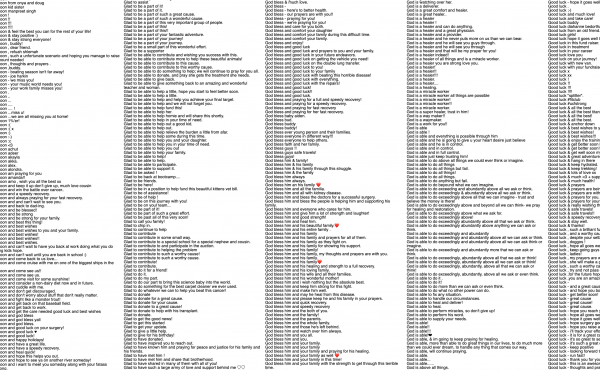 Get Well Soon! is an online artwork of more than 200,000 comments from the GoFundMe website. Visit the Get Well Soon! site. Get Well Soon! is an online artwork of more than 200,000 comments from the GoFundMe website. Visit the Get Well Soon! site.