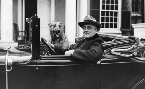 Portrait of American President Franklin Delano Roosevelt (1882 - 1945) sitting behind the wheel of his car outside his home in Hyde Park, New York in the mid 1930s. Portrait of American President Franklin Delano Roosevelt (1882 - 1945) sitting behind the wheel of his car outside his home in Hyde Park, New York in the mid 1930s.