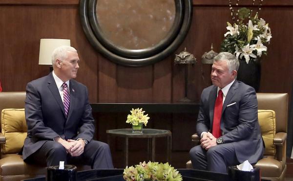 U.S. Vice President Mike Pence, (Left), meets with King Abdullah II at the Husseiniya Palace in Amman, Jordan on Sunday. U.S. Vice President Mike Pence, (Left), meets with King Abdullah II at the Husseiniya Palace in Amman, Jordan on Sunday.