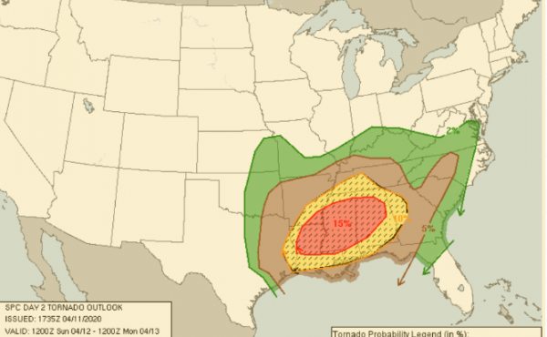 A screen grab from the NOAA web site shows where tornadoes could hit on Sunday. Most Shelters in Alabama and Mississippi will remain open despite concerns over the coronavirus. A screen grab from the NOAA web site shows where tornadoes could hit on Sunday. Most Shelters in Alabama and Mississippi will remain open despite concerns over the coronavirus.