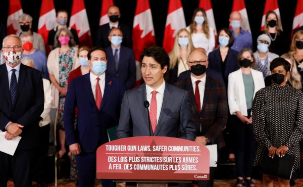Canada's Prime Minister Justin Trudeau, with government officials and gun control advocates, speaks at a news conference on May 30 about firearm-control legislation that was tabled in the House of Commons in Ottawa, Ontario, Canada. Canada's Prime Minister Justin Trudeau, with government officials and gun control advocates, speaks at a news conference on May 30 about firearm-control legislation that was tabled in the House of Commons in Ottawa, Ontario, Canada.