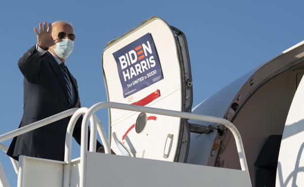 Democratic presidential nominee Joe Biden boards his campaign plane. Democratic presidential nominee Joe Biden boards his campaign plane.