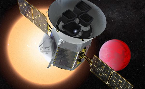 The planet-hunting telescope TESS depicted in front of a lava world orbiting a small red star. The planet-hunting telescope TESS depicted in front of a lava world orbiting a small red star.