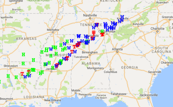 A map from the National Weather Service shows tornado reports (red T), wind reports (blue W) and hail reports (green H) for Tuesday. More than 20 tornadoes were reported as a powerful storm system moved through the Southeast. Zoom in on the map here. A map from the National Weather Service shows tornado reports (red T), wind reports (blue W) and hail reports (green H) for Tuesday. More than 20 tornadoes were reported as a powerful storm system moved through the Southeast. Zoom in on the map here.