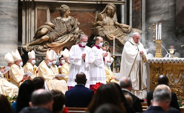 Pope Francis celebrates Christmas Eve Mass on Thursday at St. Peter's Basilica in the Vatican as Italy went back into lockdown measures due to the COVID-19 pandemic. Pope Francis celebrates Christmas Eve Mass on Thursday at St. Peter's Basilica in the Vatican as Italy went back into lockdown measures due to the COVID-19 pandemic.