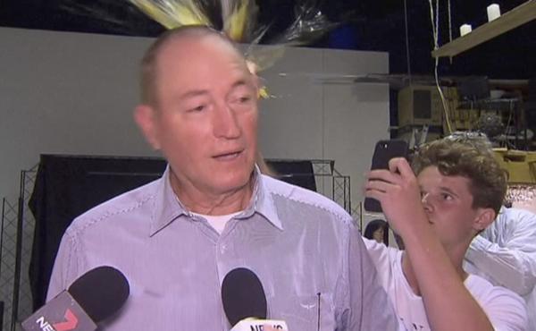A teenager breaks an egg on the head of Fraser Anning, an Australian senator, on Saturday in Melbourne, New Zealand. A teenager breaks an egg on the head of Fraser Anning, an Australian senator, on Saturday in Melbourne, New Zealand.
