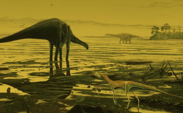 An artist's rendering of sauropods that once roamed in a lagoon area on Scotland's Isle of Skye. An artist's rendering of sauropods that once roamed in a lagoon area on Scotland's Isle of Skye.