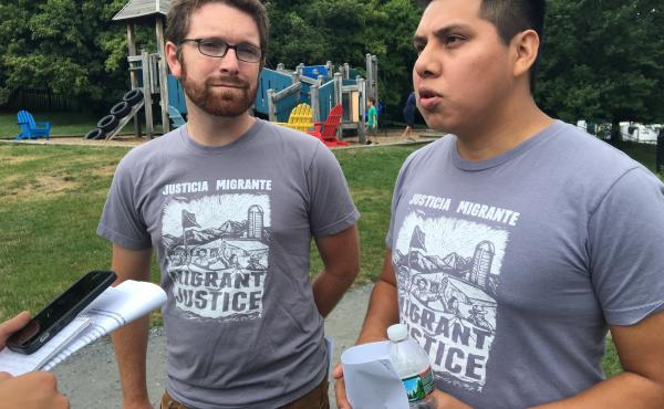 Will Lambek, left, interprets for Enrique Balcazar, a Migrant Justice activist who helped negotiate the fair labor and living standards agreement with Ben & Jerry's. Will Lambek, left, interprets for Enrique Balcazar, a Migrant Justice activist who helped negotiate the fair labor and living standards agreement with Ben & Jerry's.