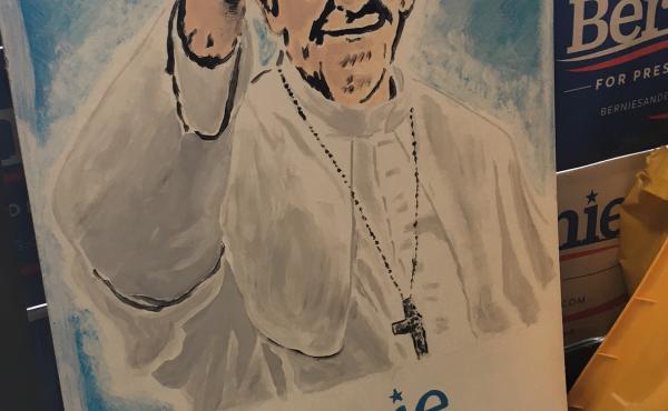 NPR's Don Gonyea spotted this poster at Bernie Sanders' Buffalo field office in New York. Sanders has often praised Pope Francis for his focus on economic inequality. NPR's Don Gonyea spotted this poster at Bernie Sanders' Buffalo field office in New York. Sanders has often praised Pope Francis for his focus on economic inequality.