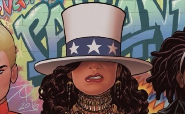 Detail of cover of America #2, by Gabby Rivera and Joe Quinones, starring America Chavez, Marvel's lesbian Latina superhero. Detail of cover of America #2, by Gabby Rivera and Joe Quinones, starring America Chavez, Marvel's lesbian Latina superhero.