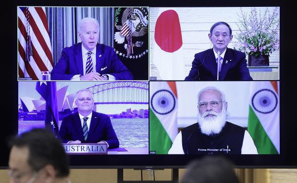 President Biden (clockwise from top left), Japanese Prime Minister Yoshihide Suga, Indian Prime Minister Narendra Modi and Australian Prime Minister Scott Morrison participate in the virtual Quadrilateral Security Dialogue or Quad meeting on Friday. President Biden (clockwise from top left), Japanese Prime Minister Yoshihide Suga, Indian Prime Minister Narendra Modi and Australian Prime Minister Scott Morrison participate in the virtual Quadrilateral Security Dialogue or Quad meeting on Friday.