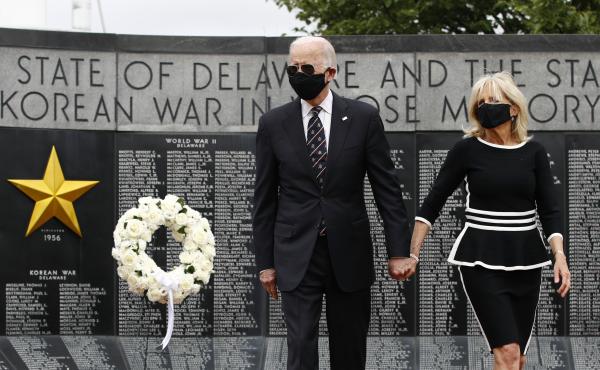 Democratic presidential candidate, former Vice President Joe Biden and Jill Biden depart after placing a wreath at the Delaware Memorial Bridge Veterans Memorial Park on Monday. Democratic presidential candidate, former Vice President Joe Biden and Jill Biden depart after placing a wreath at the Delaware Memorial Bridge Veterans Memorial Park on Monday.