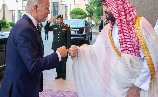 In this photo released by the Saudi Press Agency, Saudi Crown Prince Mohammed bin Salman and President Biden bump fists as they begin meetings in Jeddah. In this photo released by the Saudi Press Agency, Saudi Crown Prince Mohammed bin Salman and President Biden bump fists as they begin meetings in Jeddah.