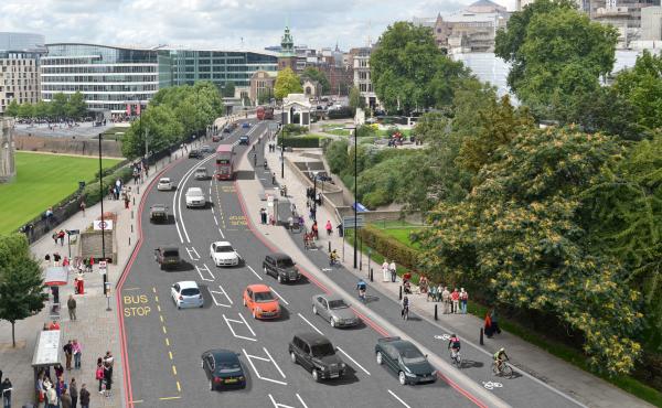 An artist's conception shows the two-way cycle track on Tower Hill. The track is part of London's new plan to boost its bicycle infrastructure. An artist's conception shows the two-way cycle track on Tower Hill. The track is part of London's new plan to boost its bicycle infrastructure.