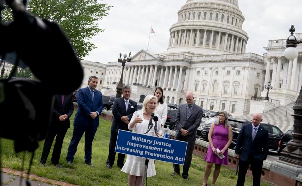 Sen. Kirsten Gillibrand (D-NY) (C) speaks during a news conference outside the U.S. Capitol on April 29, 2021 in Washington, DC. A bipartisan group of Senators gathered in support of the Military Justice Improvement and Increasing Prevention Act, which wo Sen. Kirsten Gillibrand (D-NY) (C) speaks during a news conference outside the U.S. Capitol on April 29, 2021 in Washington, DC. A bipartisan group of Senators gathered in support of the Military Justice Improvement and Increasing Prevention Act, which wo