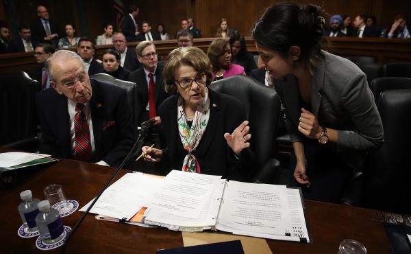 Senate Judiciary Committee Chairman Chuck Grassley confers with ranking member Dianne Feinstein at a committee hearing on April 19. The committee has approved legislation to protect special counsel Robert Mueller's investigation. Senate Judiciary Committee Chairman Chuck Grassley confers with ranking member Dianne Feinstein at a committee hearing on April 19. The committee has approved legislation to protect special counsel Robert Mueller's investigation.