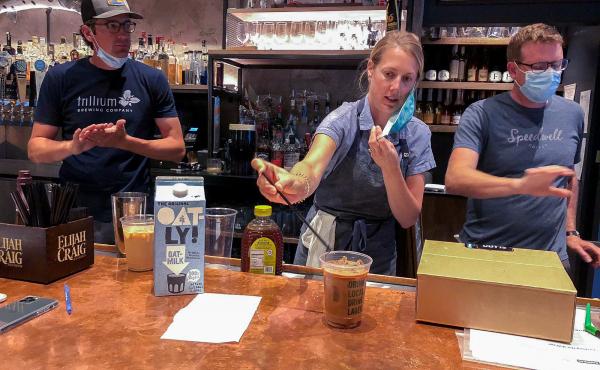 Lauren Moran, a pastry chef who owns a bakery and café, taste-tests Cornwall's new coffee drinks with her husband, Cornwall's general manager Billy Moran (L), and Speedwell Coffee Company owner Derek Anderson. Lauren Moran, a pastry chef who owns a bakery and café, taste-tests Cornwall's new coffee drinks with her husband, Cornwall's general manager Billy Moran (L), and Speedwell Coffee Company owner Derek Anderson.