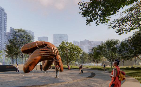 An artist's rendering of "The Embrace," a memorial to the Rev. Martin Luther King Jr. that will be unveiled in Boston in 2023. An artist's rendering of "The Embrace," a memorial to the Rev. Martin Luther King Jr. that will be unveiled in Boston in 2023.