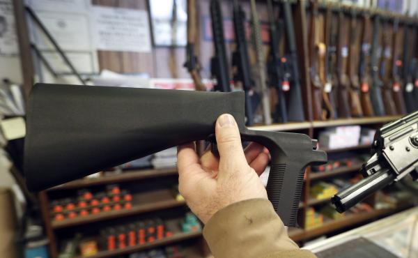 A bump stock, left, is a device that can be added to a gun to increase its firing speed. The devices were banned by the federal government his week. A bump stock, left, is a device that can be added to a gun to increase its firing speed. The devices were banned by the federal government his week.