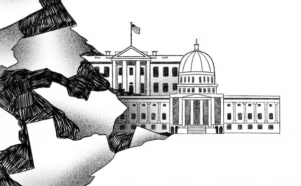Illustration of states morphing into the U.S. Capitol and White House. Illustration of states morphing into the U.S. Capitol and White House.