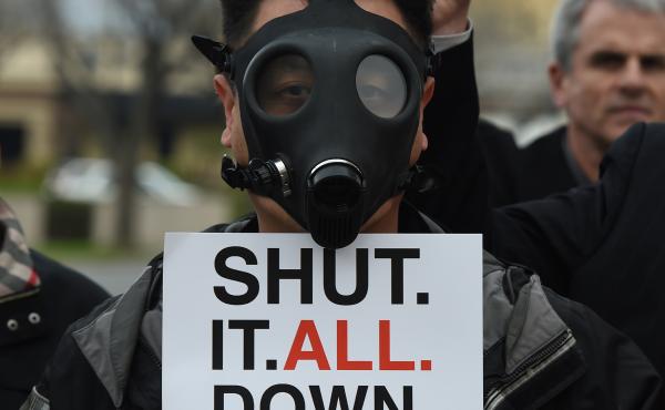 A Porter Ranch resident wears a gas mask during a protest Saturday outside a meeting of the Air Quality Management Board over the Aliso Canyon gas leak. The leak started in October and has forced thousands of residents to flee from the Los Angeles suburb A Porter Ranch resident wears a gas mask during a protest Saturday outside a meeting of the Air Quality Management Board over the Aliso Canyon gas leak. The leak started in October and has forced thousands of residents to flee from the Los Angeles suburb