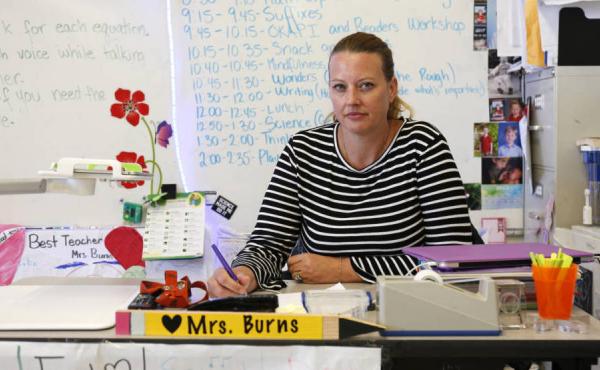 Heather Burns at Martin Elementary School in South San Francisco, where she now teaches third grade. Burns was diagnosed with breast cancer in 2016 and had to pay for her own substitute while on sick leave. Heather Burns at Martin Elementary School in South San Francisco, where she now teaches third grade. Burns was diagnosed with breast cancer in 2016 and had to pay for her own substitute while on sick leave.