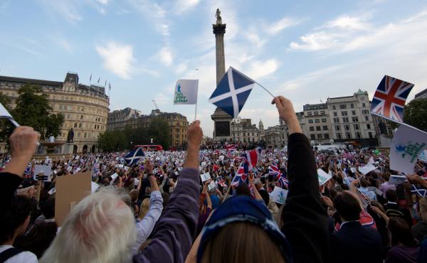 People gather in London's Trafalgar Square on Monday for a rally urging Scotland to stay with the U.K. Polls are showing that the "yes" and "no" camps are neck and neck. People gather in London's Trafalgar Square on Monday for a rally urging Scotland to stay with the U.K. Polls are showing that the "yes" and "no" camps are neck and neck.