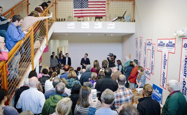 Georgia Democratic House candidate Jon Ossoff addresses supporters and volunteers at his Marietta office on Saturday. Georgia Democratic House candidate Jon Ossoff addresses supporters and volunteers at his Marietta office on Saturday.