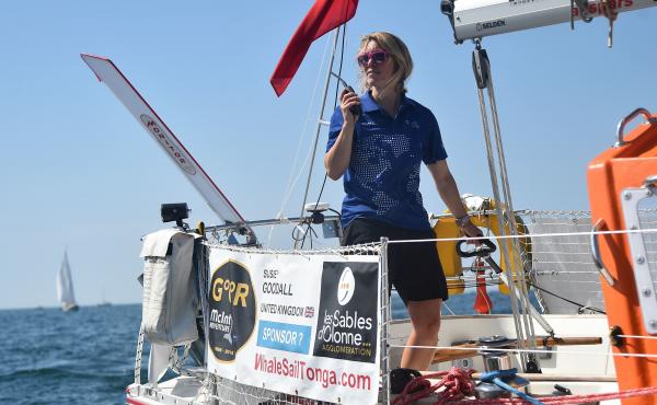 Susie Goodall on her boat DHL Starlight on July 1 at the start of the solo around-the-world Golden Globe Race. Susie Goodall on her boat DHL Starlight on July 1 at the start of the solo around-the-world Golden Globe Race.
