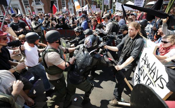 White nationalists, neo-Nazis and members of the "alt-right" clash with counter-protesters in Charlottesville, Virginia during the "Unite the Right" rally August 12, 2017. White nationalists, neo-Nazis and members of the "alt-right" clash with counter-protesters in Charlottesville, Virginia during the "Unite the Right" rally August 12, 2017.