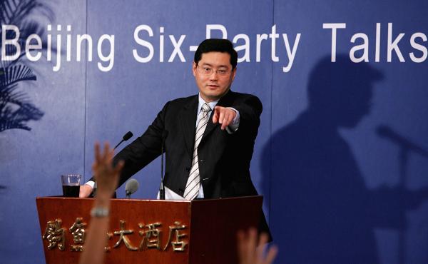 Qin Gang fields questions during a news conference around the Six-Party Talks on North Korea's nuclear program in Beijing in 2005. He served as spokesperson for the Chinese delegation. Qin Gang fields questions during a news conference around the Six-Party Talks on North Korea's nuclear program in Beijing in 2005. He served as spokesperson for the Chinese delegation.