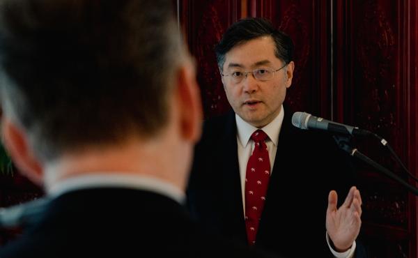 Veteran Chinese diplomat Qin Gang, China's ambassador to the U.S., speaks with NPR's Steve Inskeep at Qin's official residence in Washington, D.C., on Thursday. Veteran Chinese diplomat Qin Gang, China's ambassador to the U.S., speaks with NPR's Steve Inskeep at Qin's official residence in Washington, D.C., on Thursday.