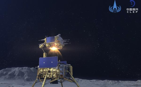 A simulated image of the Chang'e-5 spacecraft blasting off from the moon. The Chinese National Space Administration placed China's first real flag on the lunar surface Thursday. A simulated image of the Chang'e-5 spacecraft blasting off from the moon. The Chinese National Space Administration placed China's first real flag on the lunar surface Thursday.