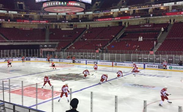 The Kunlun Red Stars, China's hockey team, warm up before a game. The Kunlun Red Stars, China's hockey team, warm up before a game.