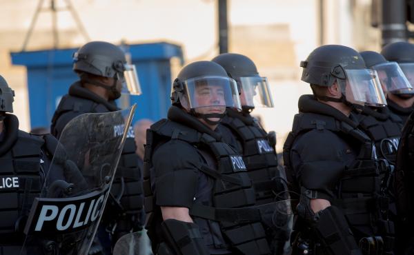 Police stand guard during demonstrations in reaction to a Cleveland police officer being acquitted of manslaughter charges on May 23, 2015, in Cleveland. Police stand guard during demonstrations in reaction to a Cleveland police officer being acquitted of manslaughter charges on May 23, 2015, in Cleveland.