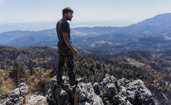 "This used to be paradise. Now it's hell," says pine resin producer Giorgos Anagnostou, 38, standing on top of a mountain near his village of Kourkouloi in northern Evia. The fire wiped out the forest's pine trees and his livelihood. "This used to be paradise. Now it's hell," says pine resin producer Giorgos Anagnostou, 38, standing on top of a mountain near his village of Kourkouloi in northern Evia. The fire wiped out the forest's pine trees and his livelihood.