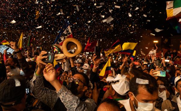 Attendees during a closing campaign rally for presidential candidate Gustavo Petro in Bogotá, Colombia. Petro is ahead in the polls for this Sunday's election, but it's expected to go to a second round in June. Attendees during a closing campaign rally for presidential candidate Gustavo Petro in Bogotá, Colombia. Petro is ahead in the polls for this Sunday's election, but it's expected to go to a second round in June.
