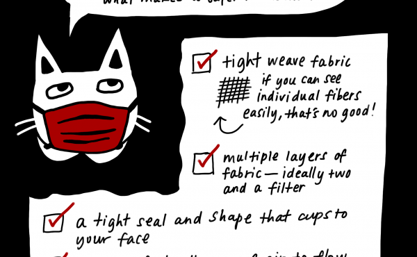 Some criteria that make a safer fabric mask: tight weave fabric; multiple layers of fabric (ideally two layers and a filter); a tight seal and shape that cups to your face; and pleats or folds. Some criteria that make a safer fabric mask: tight weave fabric; multiple layers of fabric (ideally two layers and a filter); a tight seal and shape that cups to your face; and pleats or folds.