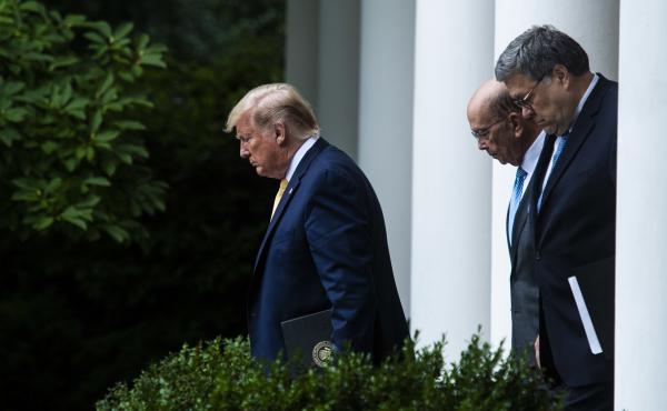 President Trump, Commerce Secretary Wilbur Ross (center) and Attorney General William Barr walk into the White House Rose Garden for a July 2019 press conference on the census. President Trump, Commerce Secretary Wilbur Ross (center) and Attorney General William Barr walk into the White House Rose Garden for a July 2019 press conference on the census.