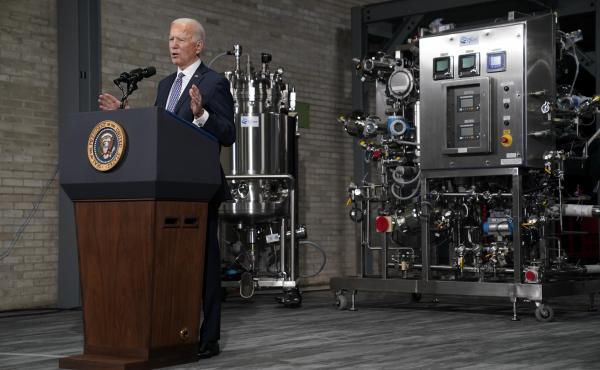 In a February visit to Pfizer's Kalamazoo, Mich., manufacturing complex, President Biden said the administration had "used the Defense Production Act to speed up the supply chain for ... key equipment, like fill pumps and filters, which has already helped In a February visit to Pfizer's Kalamazoo, Mich., manufacturing complex, President Biden said the administration had "used the Defense Production Act to speed up the supply chain for ... key equipment, like fill pumps and filters, which has already helped