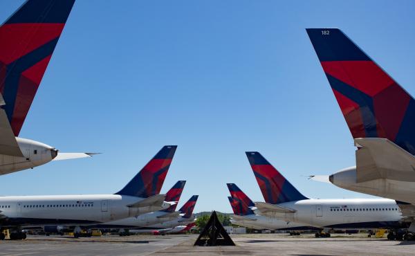 Dozens of Delta jets have been parked on the tarmac of the Birmingham-Shuttlesworth International Airport since last spring. The airline reported $5.4 billion in third quarter losses on Tuesday. Dozens of Delta jets have been parked on the tarmac of the Birmingham-Shuttlesworth International Airport since last spring. The airline reported $5.4 billion in third quarter losses on Tuesday.
