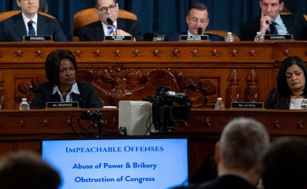 Impeachable offenses were listed on a monitor as the House Judiciary Committee listened to testimony by constitutional scholars earlier this week. Impeachable offenses were listed on a monitor as the House Judiciary Committee listened to testimony by constitutional scholars earlier this week.