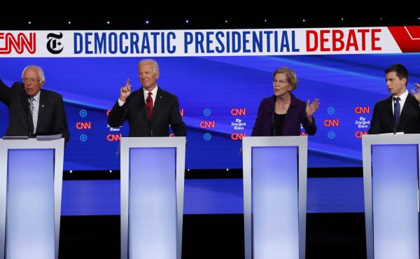 Democratic presidential candidates (from left): Sen. Bernie Sanders, former Vice President Joe Biden, Sen. Elizabeth Warren and South Bend, Ind., Mayor Pete Buttigieg during a Democratic presidential debate. Democratic presidential candidates (from left): Sen. Bernie Sanders, former Vice President Joe Biden, Sen. Elizabeth Warren and South Bend, Ind., Mayor Pete Buttigieg during a Democratic presidential debate.