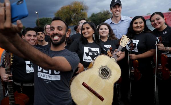 Then-U.S. Senate candidate Rep. Beto O'Rourke (D-Texas) poses with members of a mariachi band during an October 2018 campaign rally in San Antonio, Texas. O'Rourke is one of a score of Democratic politicians talking more explicitly about issues of race th Then-U.S. Senate candidate Rep. Beto O'Rourke (D-Texas) poses with members of a mariachi band during an October 2018 campaign rally in San Antonio, Texas. O'Rourke is one of a score of Democratic politicians talking more explicitly about issues of race th