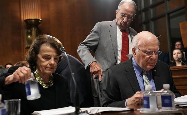 Democratic Sens. Dianne Feinstein and Patrick Leahy (seated) with Judiciary Committee Chairman Chuck Grassley. Democratic Sens. Dianne Feinstein and Patrick Leahy (seated) with Judiciary Committee Chairman Chuck Grassley.