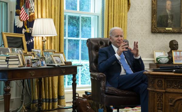 President Joe Biden speaks during an interview with The Associated Press in the Oval Office of the White House on Thursday, June 16, 2022. President Joe Biden speaks during an interview with The Associated Press in the Oval Office of the White House on Thursday, June 16, 2022.