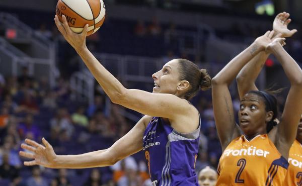 The Phoenix Mercury's Diana Taurasi set the WNBA's all-time scoring record on Sunday. Above, Taurasi drives past the Connecticut Sun in a May 2016 game. The Phoenix Mercury's Diana Taurasi set the WNBA's all-time scoring record on Sunday. Above, Taurasi drives past the Connecticut Sun in a May 2016 game.