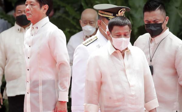 Incoming Philippine president Ferdinand Marcos Jr., left, and outgoing President Rodrigo Duterte, right, attend Marcos' inauguration ceremony in Manila, Philippines, Thursday, June 30, 2022. Incoming Philippine president Ferdinand Marcos Jr., left, and outgoing President Rodrigo Duterte, right, attend Marcos' inauguration ceremony in Manila, Philippines, Thursday, June 30, 2022.