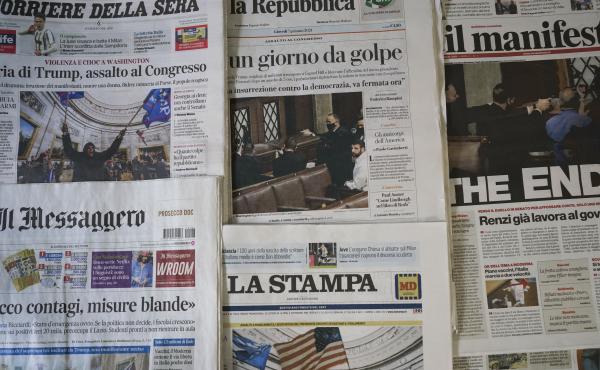 Italian papers show the chaotic scenes from Washington, with one headline declaring "The End." Others proclaim, "Gunshots on Democracy" and "USA – Day of the Coup." World leaders are reacting with shock and dismay to the assault on the Capitol. Italian papers show the chaotic scenes from Washington, with one headline declaring "The End." Others proclaim, "Gunshots on Democracy" and "USA – Day of the Coup." World leaders are reacting with shock and dismay to the assault on the Capitol.
